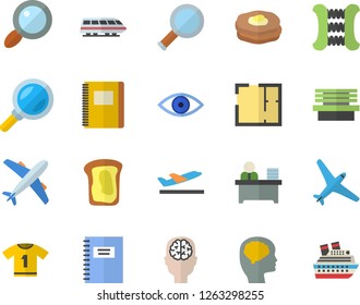 Color flat icon set house layout flat vector, sandwich, pancakes, bench, magnifier, eye, office worker, notebook, brain fector, carpal expander, sport T shirt, aircraft, train, departure