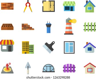 Color flat icon set house flat vector, brick wall, window, trowel, layout, skyscraper, putty knife, fence, warm floor, greenhouse, dividers, store front, lighthouse, airport tower fector, shop