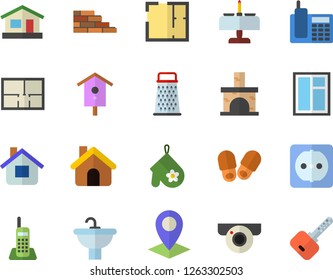 Color flat icon set house flat vector, brick wall, window, sink, layout, sockets, potholder, grater, nesting box, fireplace, location, telephone, romantic dinner fector, surveillance camera, key