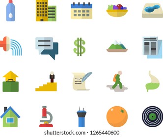Color flat icon set house flat vector, skyscraper, salad, orange, hose irrigation, pool, dollar, news, chat, stomach, career ladder, microscope, hostory roll, water, airport tower fector, hike