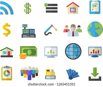 Color flat icon set house flat vector, welding, earth, graphic report, cash, dollar, team, machine, computer chart, flippers fector, menu, broadcast, download