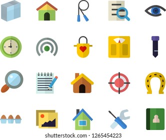 Color flat icon set house flat vector, tool, apron, egg, horseshoe, magnifier, clock, sticker, target, tie, notepad, weighing machine, skipping rope, gallery, broadcast, eye, notebook