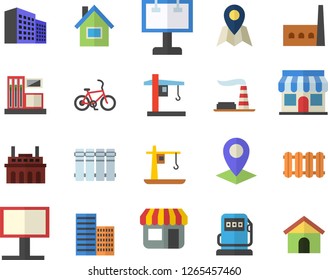 Color flat icon set house flat vector, skyscraper, heating batteries, gas station, refueling, factory, manufactory, plant, crane, store front, billboard, location, office building, bicycle fector