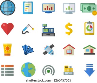 Color flat icon set house flat vector, welding, earth, graphic report, cash, dollar, machine, heart, computer chart, satellit, sun protection cream fector, flippers, menu, broadcast, download