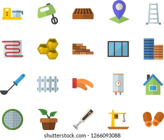 Color flat icon set house flat vector, brick wall, window, skyscraper, warm floor, boiler, potholder, ladle, mixer, blender, food processor, sieve, honeycomb, home plant, ladder, crane, radiator