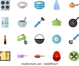 Color flat icon set house layout flat vector, saucepan, frying pan, cauldron, saute, teflon, whisk, kitchen egg timer, towel, meat hammer, electric stove, gas, mixer, fridge, plates, sauce, dish