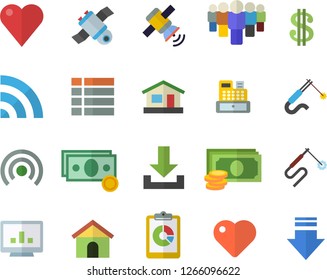 Color flat icon set house flat vector, welding, graphic report, cash, dollar, team, machine, heart, computer chart, satellit, menu, broadcast, download