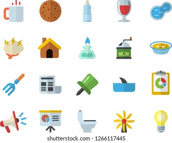 Color flat icon set house flat vector, toilet, coffee grinder, biscuit, soup, wine, tea, pitchfork, pond, windmill, graphic report, mouthpiece, drawing pin, document, gas burner, brainstorm, water