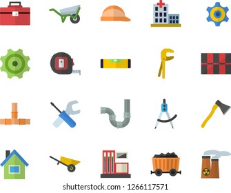 Color flat icon set house flat vector, wheelbarrow, tool, tape measure, bag, pipes, level meter, tile, hard hat, ax, gas station, cogwheel, dividers, mining, hospital, nuclear power plant