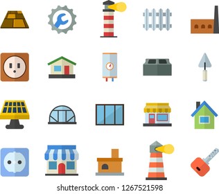 Color flat icon set house flat vector, window, trowel, sockets, repair, brick, flooring, boiler, grain warehouse, greenhouse, fireplace, solar battery, manufactory, radiator, store front, lighthouse