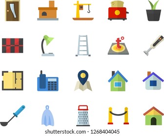 Color flat icon set house flat vector, layout, Entrance door, tile, warm floor, ladle, towel, toaster, blender, grater, home plant, ladder, fireplace, crane, telephone, reading lamp, VIP area fector