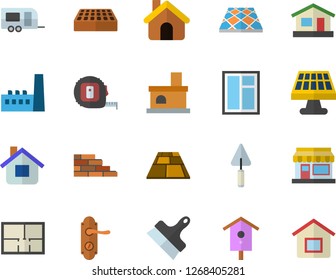 Color flat icon set house flat vector, brick wall, window, trowel, tape measure, layout, door lock, putty knife, flooring, nesting box, grain warehouse, fireplace, solar battery, manufactory