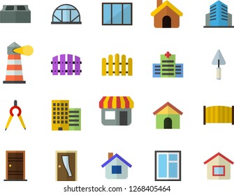 Color flat icon set house flat vector, window, trowel, Entrance door, skyscraper, brick, fence, greenhouse, dividers, store front, lighthouse, office building, hospital fector