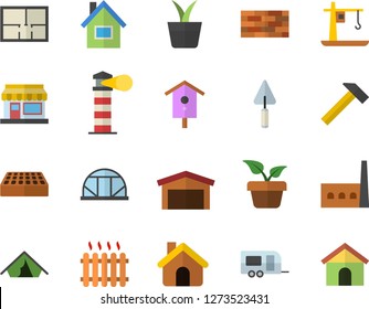 Color flat icon set house flat vector, brick wall, trowel, layout, hammer, nesting box, home plant, grain warehouse, greenhouse, manufactory, crane, radiator, lighthouse, trailer fector, tent