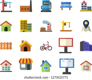 Color flat icon set house flat vector, skyscraper, heating batteries, bench, refueling, factory, manufactory, crane, store front, billboard, hospital, office building, bicycle fector, location