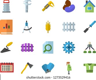 Color flat icon set house flat vector, trowel, ax, kitchen spatula, grater, legumes, ear, fence, trammel, cogwheel, dividers, radiator, calendar, book balance accounting, gestation, magnifier