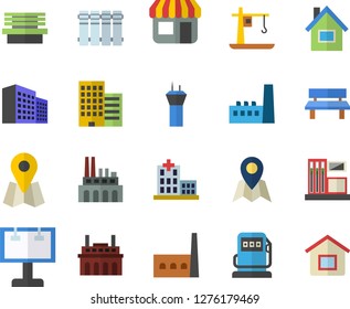 Color flat icon set house flat vector, skyscraper, heating batteries, bench, gas station, refueling, manufactory, plant, crane, store front, billboard, location, hospital, office building