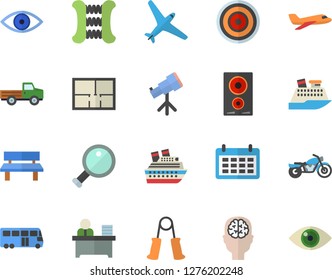 Color flat icon set house layout flat vector, induction cooker, pickup truck, bench, calendar, eye, office worker, magnifier, telescope, brain fector, carpal expander, aircraft, bus, motorcycle