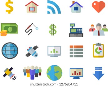 Color flat icon set house flat vector, welding, earth, graphic report, cash, dollar, team, machine, heart, computer chart, satellit, menu, broadcast, download