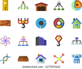 Color flat icon set house flat vector, brick wall, hook, door lock, warehouse, DNA, office building, clircle diagram, hierarchy, molecule, atom, classification, core of the earth fector