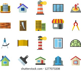 Color flat icon set house flat vector, brick wall, window, Entrance door, skyscraper, putty knife, fence, warm floor, greenhouse, dividers, store front, lighthouse, office building, hotel fector