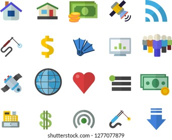 Color flat icon set house flat vector, welding, earth, cash, dollar, team, machine, heart, computer chart, satellit, flippers fector, menu, broadcast, download