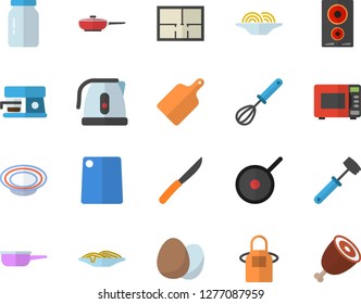 Color flat icon set house layout flat vector, frying pan, saute, teflon, electric kettle, apron, whisk, knives, meat hammer, cutting board, induction cooker, microwave, coffee machine, egg, dish