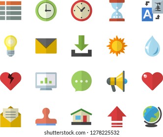 Color flat icon set house flat vector, sun, computer chart, menu, download, upload, translate, hourglass, stamp, mouthpiece, message, envelope, clock, chat, heart, lamp, drop, globe