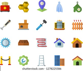 Color Flat Icon Set House Flat Vector, Skyscraper, Repair, Brick, Warm Floor, Potholder, Towel, Meat Hammer, Gas, Toaster, Blender, Honeycomb, Ladder, Fireplace, Radiator, Location, VIP Area Fector