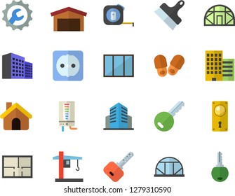 Color flat icon set house flat vector, window, tape measure, layout, door lock, sockets, skyscraper, repair, putty knife, boiler, greenhouse, crane, warehouse, office building, key fector, slippers