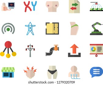 Color flat icon set house layout flat vector, sprinkling machine, main pipeline, power line support, robotics, hierarchy, diagnostics, breast, chromosomes, chart, brainstorm, buttocks, waistline