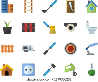 Color flat icon set house flat vector, toilet, Entrance door, sockets, skyscraper, tile, heating batteries, ladle, kitchen spatula, meat hammer, turk, induction cooker, mixer, home plant, ladder