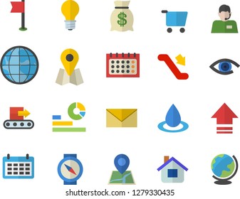 Color flat icon set house flat vector, lamp, conveyor, drop, grocery trolley, location, earth, telephone operator, wealth, statistics, calendar, sports flag, escalator fector, compass, upload, eye