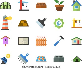 Color flat icon set house flat vector, layout, repair, putty knife, brick, flooring, hammer, nesting box, home plant, greenhouse, solar battery, crane, radiator, lighthouse, tent fector