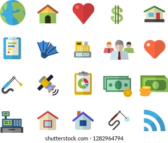 Color flat icon set house flat vector, welding, earth, graphic report, cash, dollar, team, machine, heart, satellit, flippers fector, broadcast