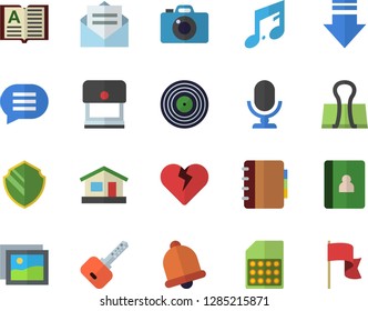 Color flat icon set house flat vector, SIM card, security fector, bell, gallery, download, stamp, binder clip, message, microphone, chat, heart, key, book, camera, notebook, target, note