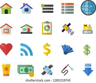 Color flat icon set house flat vector, welding, earth, graphic report, cash, dollar, machine, heart, satellit, sun protection cream fector, flippers, menu, broadcast, download
