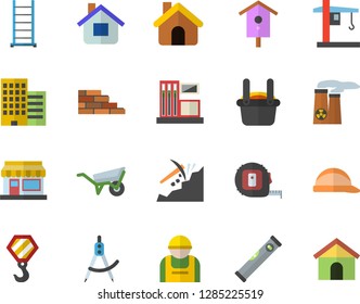 Color flat icon set house flat vector, brick wall, hook, wheelbarrow, tape measure, ladder, level meter, skyscraper, hard hat, nesting box, grain warehouse, gas station, construction worker, crane