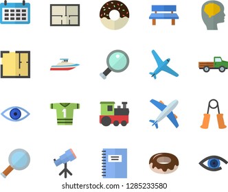 Color flat icon set house layout flat vector, donut, pickup truck, bench, calendar, eye, magnifier, notebook, telescope, brain fector, carpal expander, sport T shirt, aircraft, train, yacht