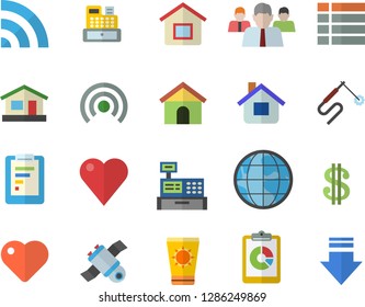 Color flat icon set house flat vector, welding, earth, graphic report, dollar, team, cash machine, heart, satellit, sun protection cream fector, menu, broadcast, download