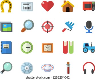 Color flat icon set house flat vector, paint roller, microwave, dish, horseshoe, tractor, magnifier, clock, barcode, blood test, notebook, target, book, gallery, microphone, heart, headset