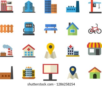 Color flat icon set house flat vector, skyscraper, heating batteries, bench, gas station, refueling, factory, manufactory, crane, store front, billboard, location, hospital, office building, hotel