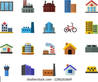 Color flat icon set house flat vector, window, skyscraper, brick, factory, manufactory, plant, hospital, office building, airport tower fector, bicycle, hotel, taxi