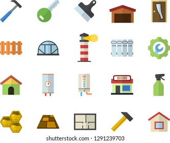 Color flat icon set house layout flat vector, Entrance door, repair, putty knife, flooring, heating batteries, hammer, boiler, honeycomb, pulverizer, grain warehouse, greenhouse, lighthouse
