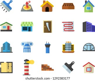 Color flat icon set house flat vector, brick wall, layout, Entrance door, putty knife, warm floor, greenhouse, lighthouse, office building, antique column fector, airport tower, hotel, shop
