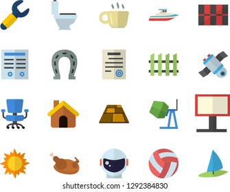 Color flat icon set house flat vector, concrete mixer, toilet, tile, fence, flooring, chicken, horseshoe, sun, wrench, billboard, coffee, office chair, contract, satellit, astronaut helmet fector