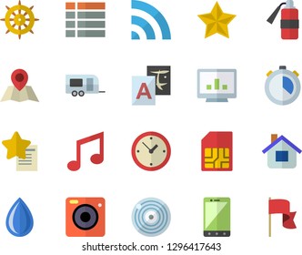 Color flat icon set house flat vector, SIM card, computer chart, trailer fector, menu, broadcast, translate, steering wheel, fire extinguisher, mobile, clock, favorites, camera, target, note, drop