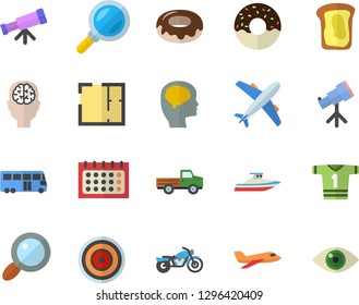 Color flat icon set house layout flat vector, induction cooker, donut, sandwich, pickup truck, magnifier, calendar, telescope, brain fector, sport T shirt, aircraft, bus, motorcycle, yacht, eye