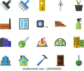 Color flat icon set house flat vector, brick wall, window, trowel, tape measure, Entrance door, lock, skyscraper, putty knife, warm floor, hammer, home plant, pulverizer, greenhouse, manufactory