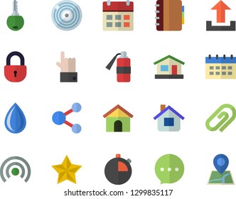 Color flat icon set house flat vector, share, broadcast, upload, clip, calendar, fire extinguisher, lock, chat, indicate, favorites, key, notebook, target, stopwatch, drop, location
